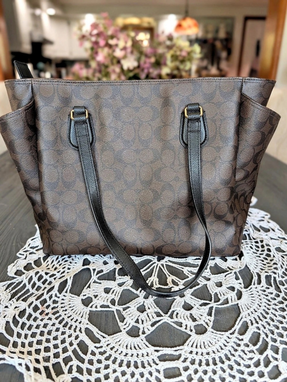 COACH Town Bucket Bag In Signature Canvas Brown & Black Tote Diaper Bag